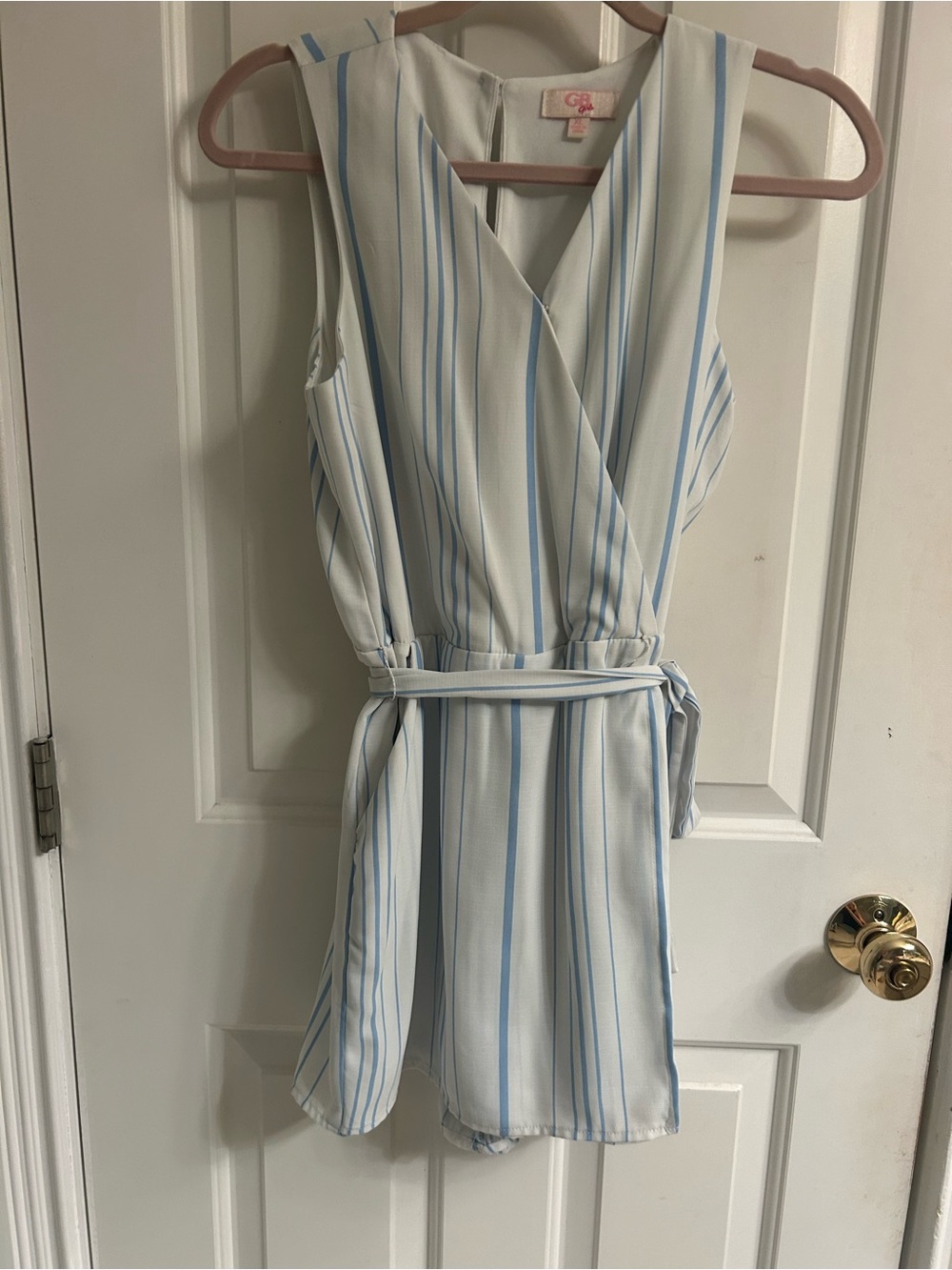 GB girls White and Light Blue Striped Sleeveless Romper with Tie Belt